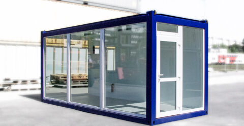 Zustand: neuwertig | CHVU 305.075-1 • 6m Glascontainer 20ft • Vollverglasung • Verglaste Eingangstür • Heizung & Klimagerät • Farbe: Kobaltblau • € 10.000,-