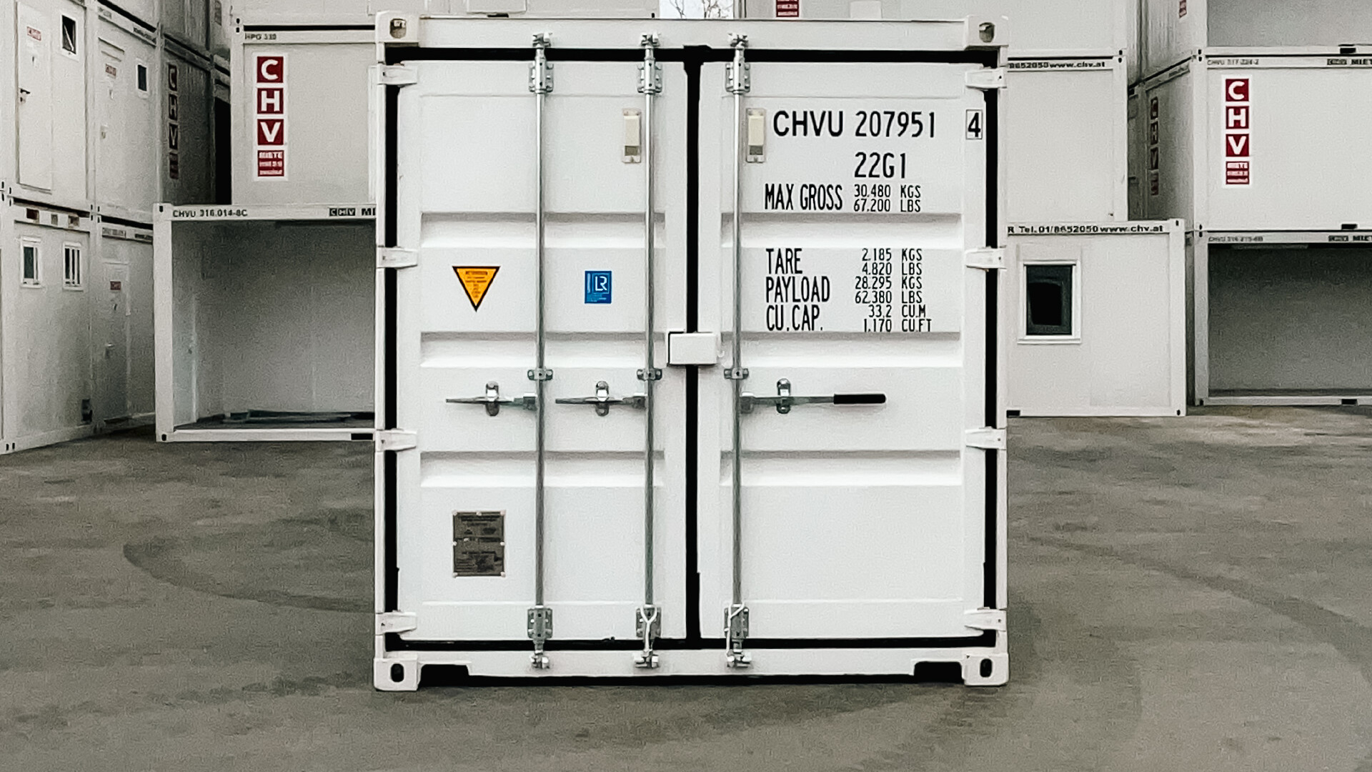 Front view of a one-trip 20-ft shipping container