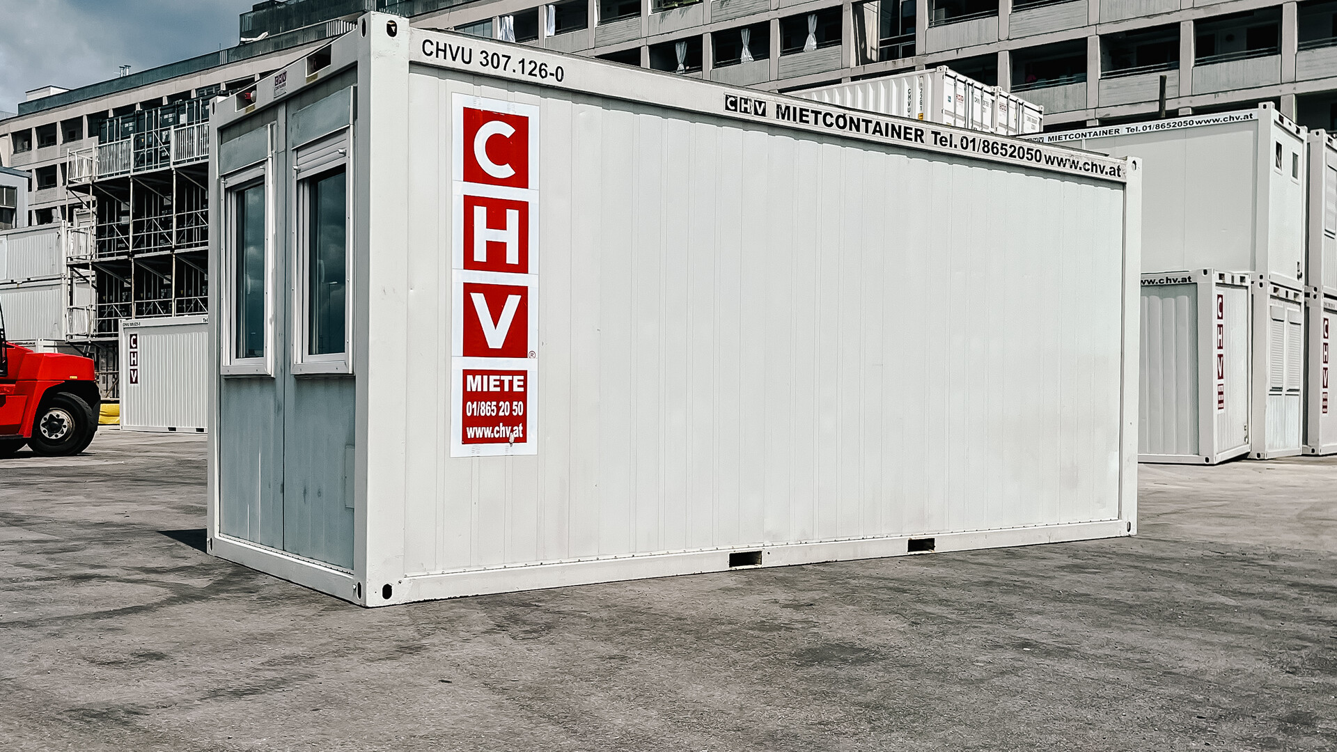 Seitenansicht 20 Fuß Bürocontainer gebraucht ab Depot Wien jetzt kaufen